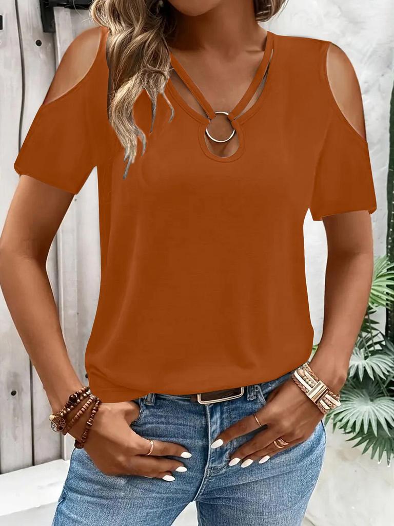 2025 Women's Solid Color V-Neck Off-Shoulder Short Sleeve Loose T-Shirt