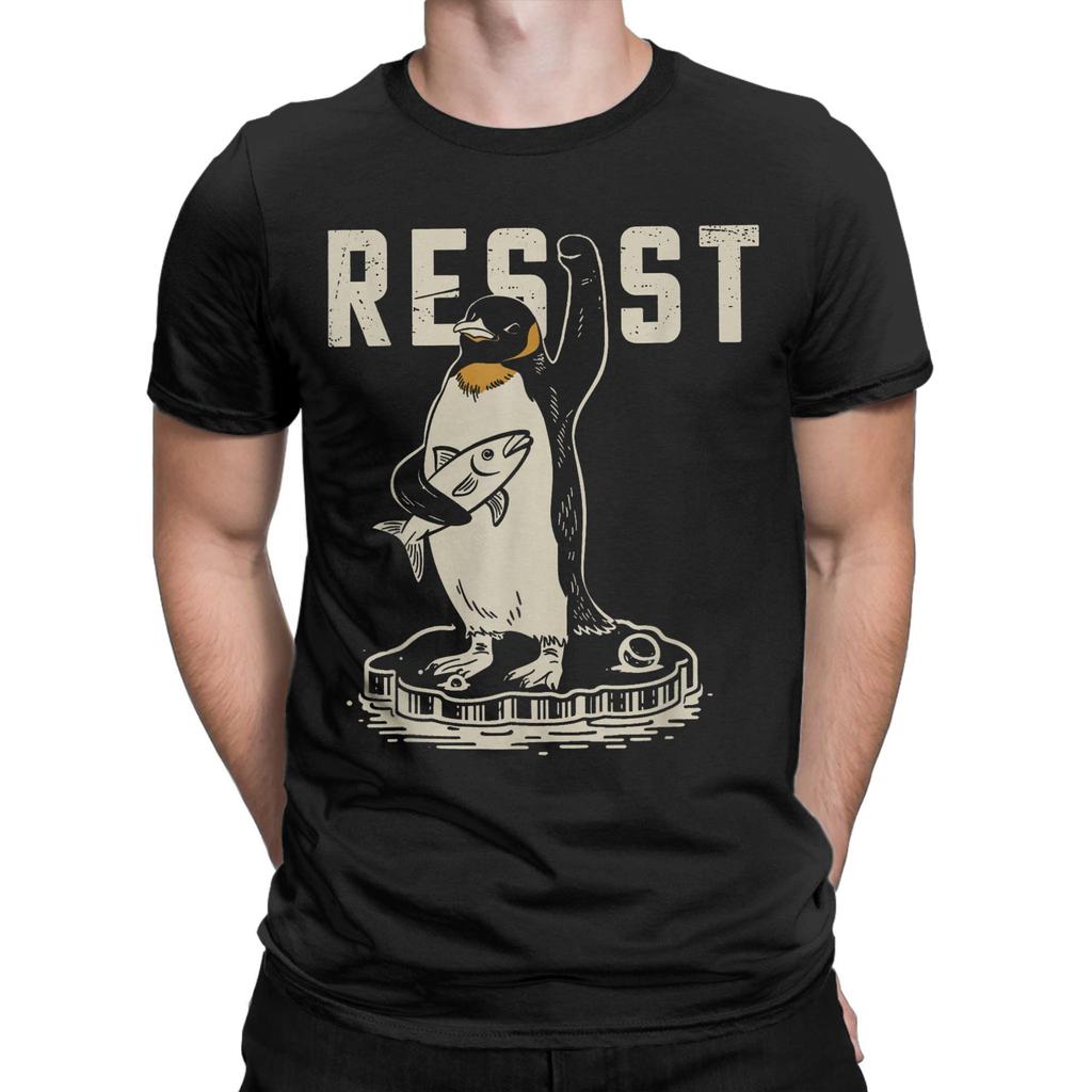 Men Resist Penguin Activism Funny Activism T Shirts Against Tariffs Tops Vintage Short Sleeve Round Neck Tees Present T-Shirts