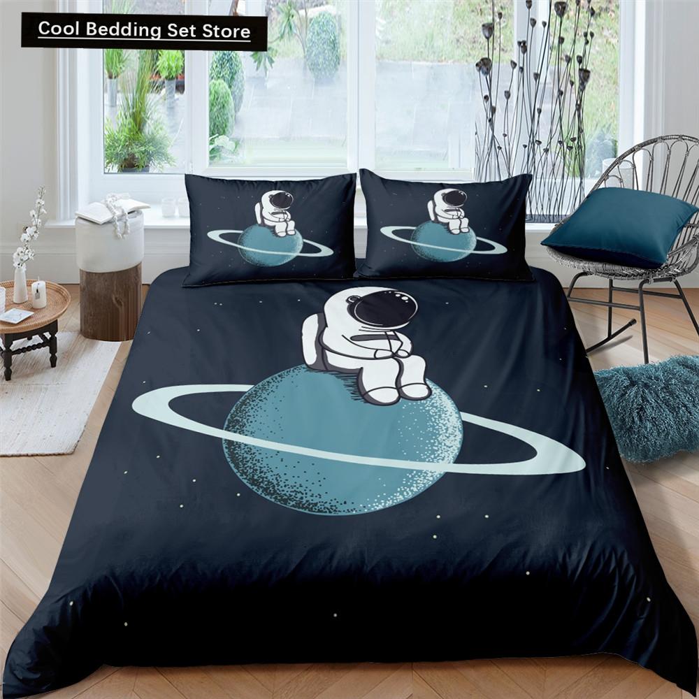Cartoon Astronaut King Queen Duvet Cover Kawaii Spacecraft Bedding Set for Kids Outer Space Blue 2/3 Pcs Polyester Quilt Cover