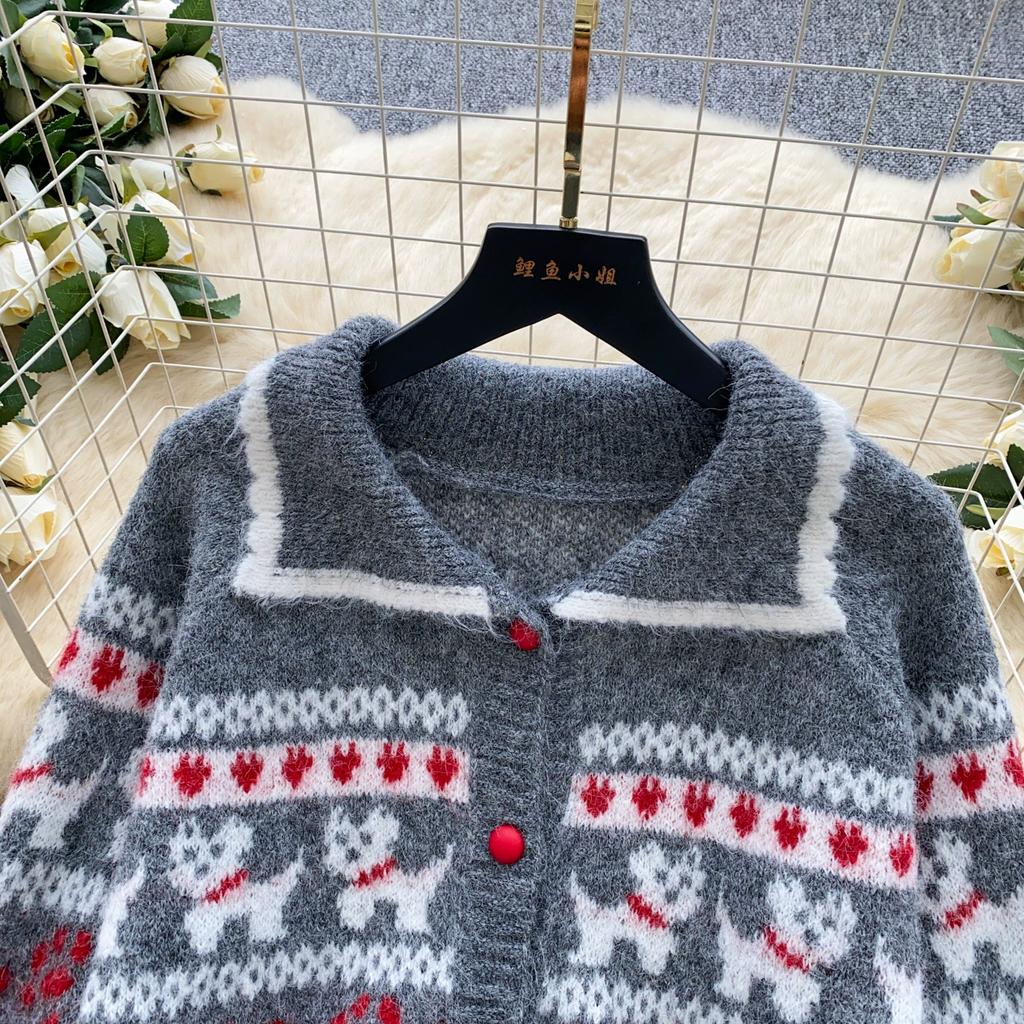 Autumn Winter Women Casual Print Knitted Twist Sweater Two Piece Set Single Breasted Cardigan Jacket and Mini Bodycon Skirt Christmas Outfit