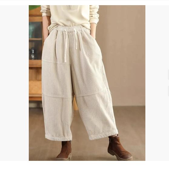 Женские зимние винтажные однотонные хлопковые шаровары с эластичной талией в китайском стиле повседневные брюки