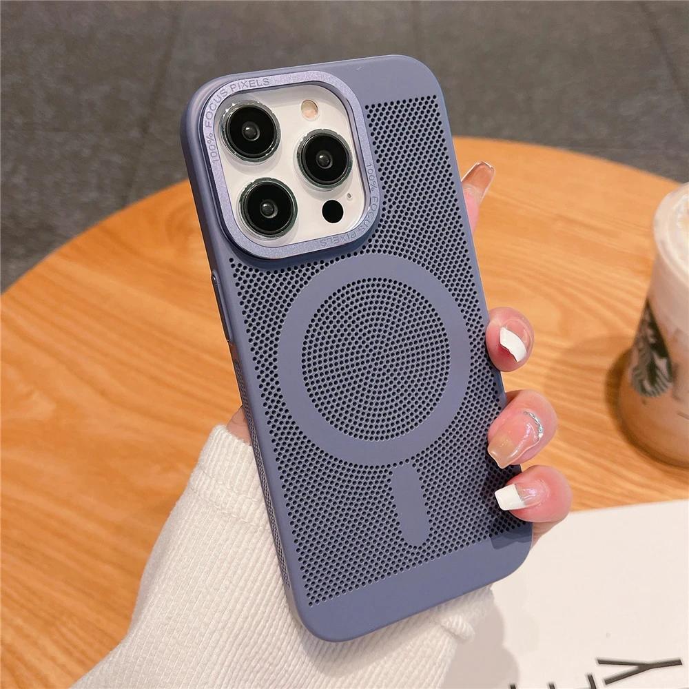 Ultra Thin Heat Dissipation Mesh Grid Magnetic Case for iPhone 15 13 12 14 11 Pro Max Matte Hard Steel Magsafing Shockproof Cove