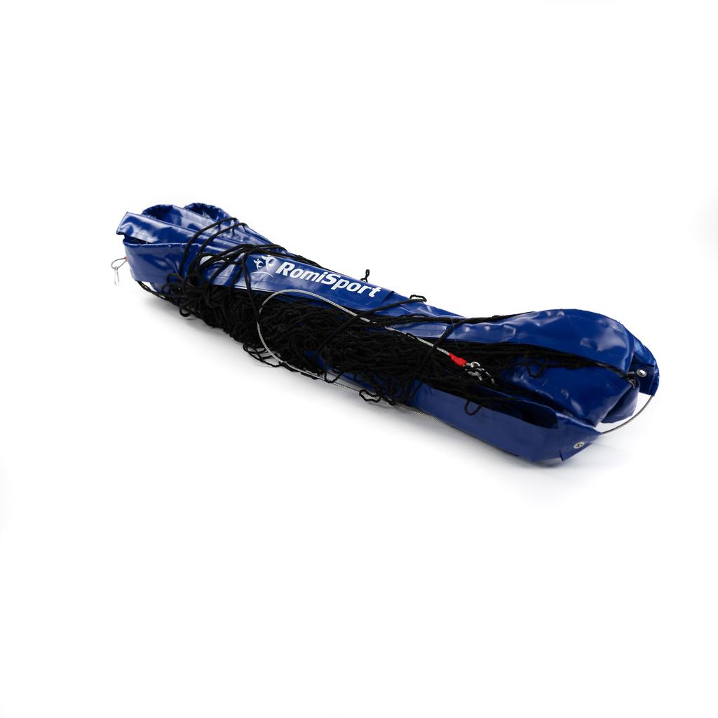 Professional PVC volleyball net, blue perimeter, side stiffening, dimensions 9.5x1m [steel rope 11.7m]