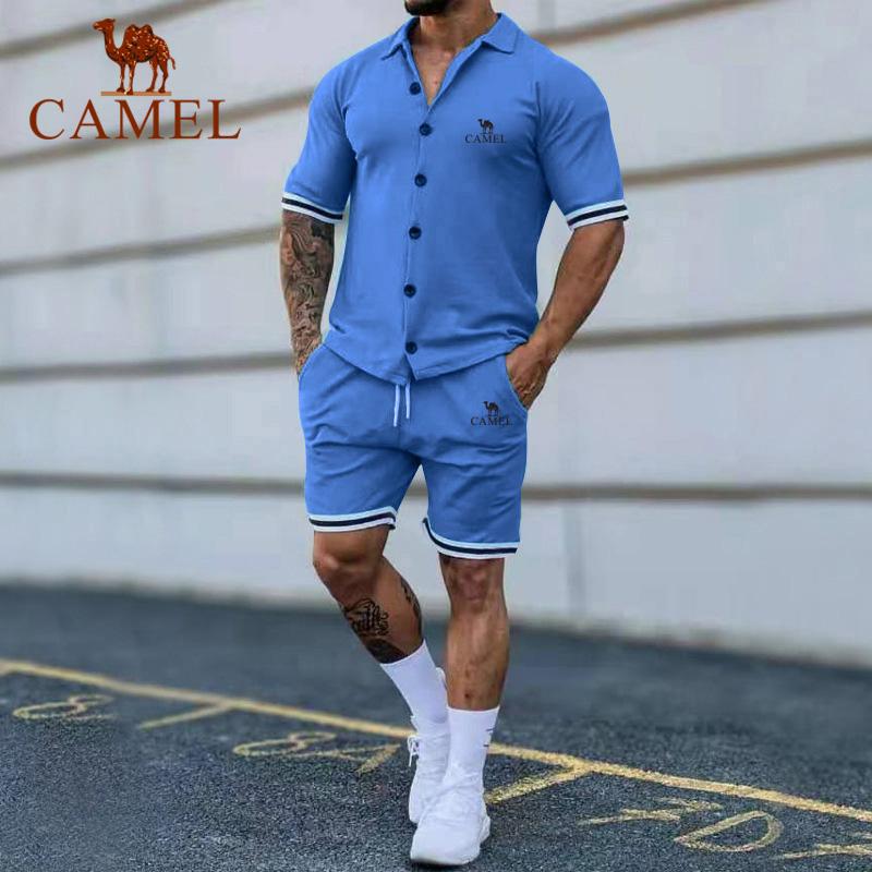 Camel Летний мужской модный однотонный кардиган-поло с вышивкой, повседневный комплект с шортами с короткими рукавами, комплект больших размеров
