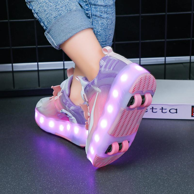 Четырехколесные новые сетчатые светодиодные прогулочные туфли с вращающейся кнопкой детские роликовые коньки обувь для девочек прогулочные туфли для мальчиков