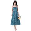 Women's Blue Floral French Style Slimming Summer Dress with Waist-Cinching Design