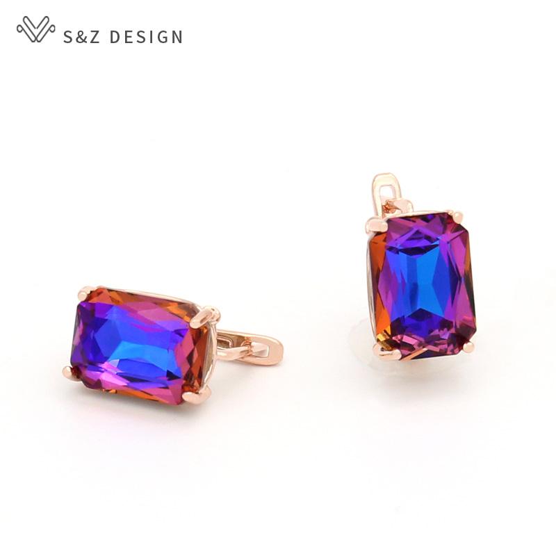 Fashion Colorful Rectangular Crystal Drop Earrings For Women Wedding Jewelry Rose Gold Color Eardrop