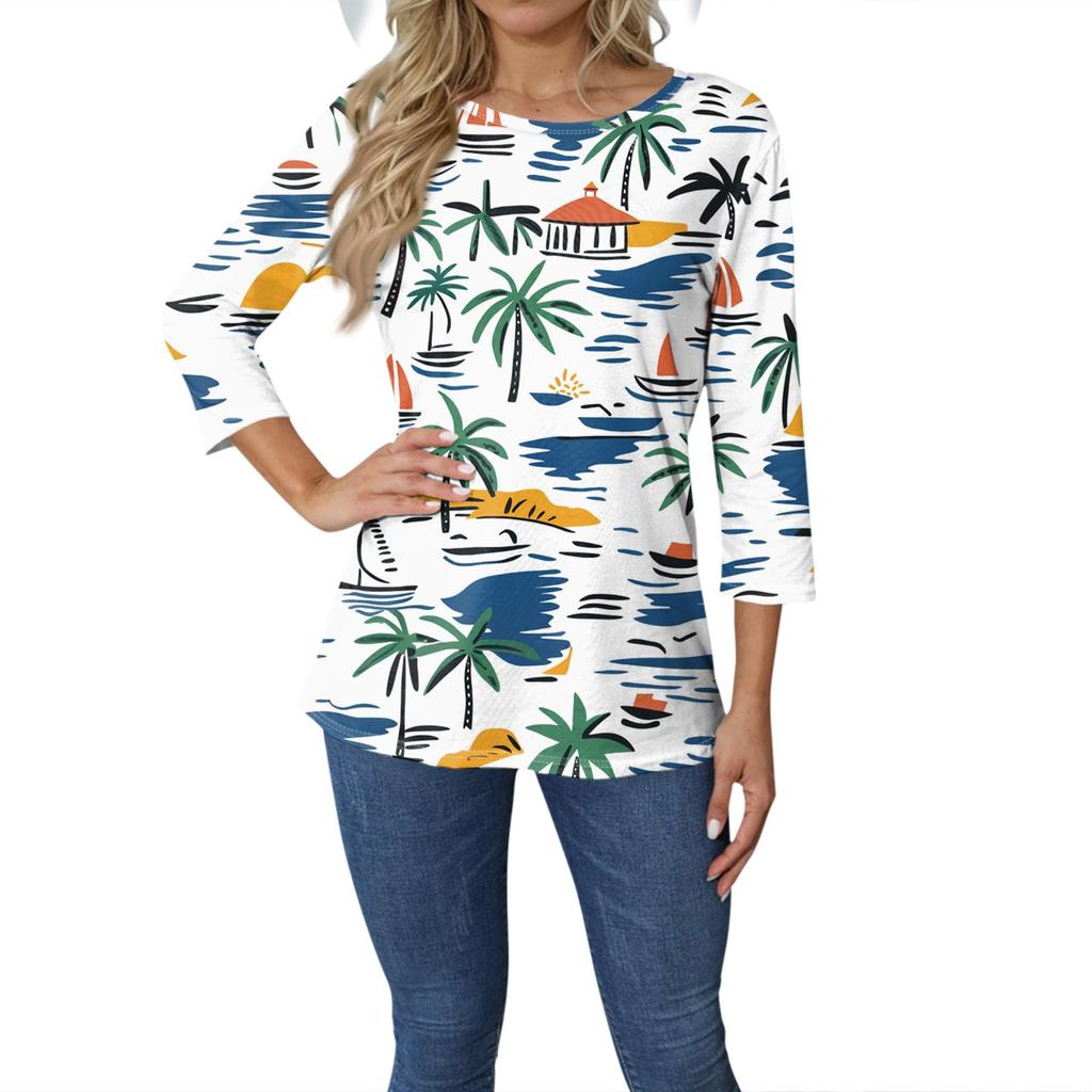 Женская модная повседневная футболка с круглым вырезом и рукавом 3/4, женский топ