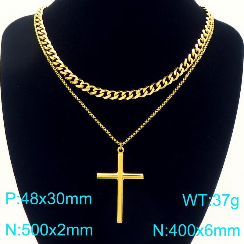 Simple Glossy Cross Pendant Necklace, European and American Six-sided Grinding Square Pearl Chain Double-layer Stacked Men's Necklace 2026