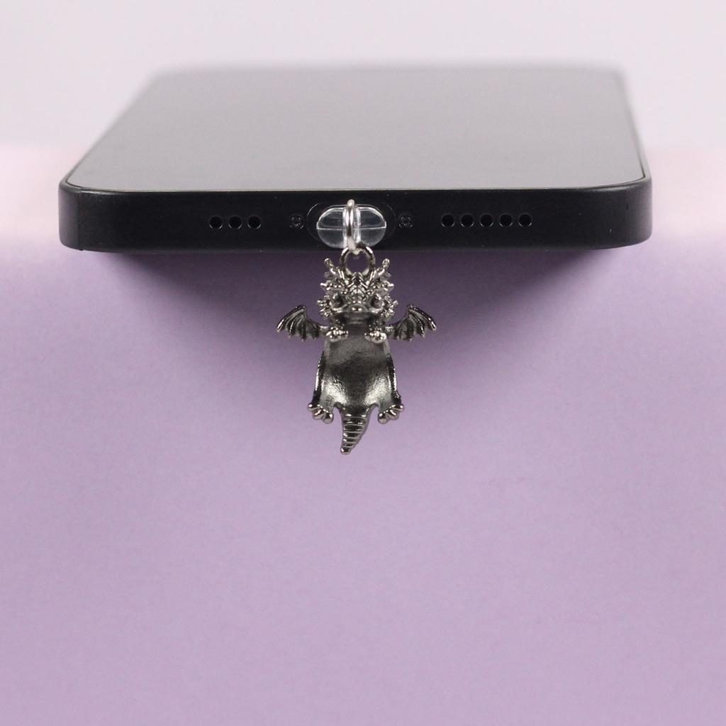 Mobile Phone Dust Plug In Deep Silver Color with Small Flying Dragon Pendant and Decoration, Suitable for IPhone Type-C Interface, Gift Trinket