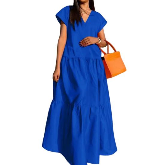 Women Summer Dress Loose V-neck Patchwork Short Sleeves Party Wearing A-line Full Length Lady Maxi Dress Female Clothes