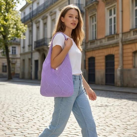 Women Crochet Shoulder Bag Mesh Handbag Fashionable Lightweight Solid Color Beach Bag Daily