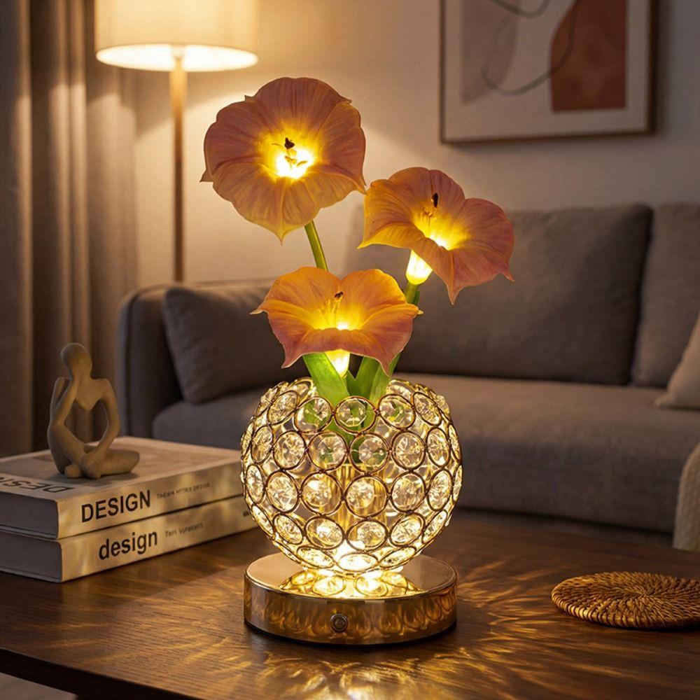 USB Rechargeable Morning Glory Night Light Crystal Flower Bedside Lamp for 1200mAh Desk Decor