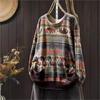 Woman Autumn Elephant Print Double Pockets Contrast Sweater Casual Loose Vintage Style O-Neck Sweater