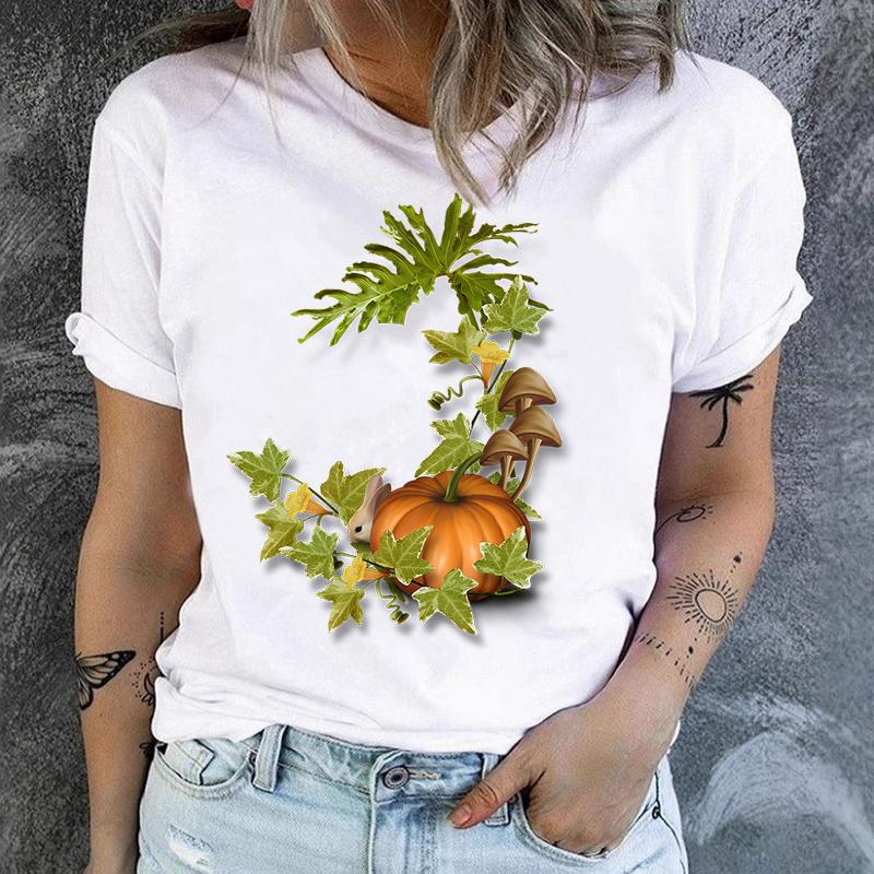European American Style Women's Short-Sleeved T-Shirt with Leaves. Fruits Design Polyester Fabric Women's Summer polyester
