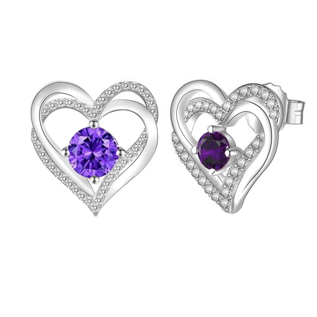 Multicolor Birthstone Ear Studs Heart Stud Earrings Birthday Gift For Women & Girls