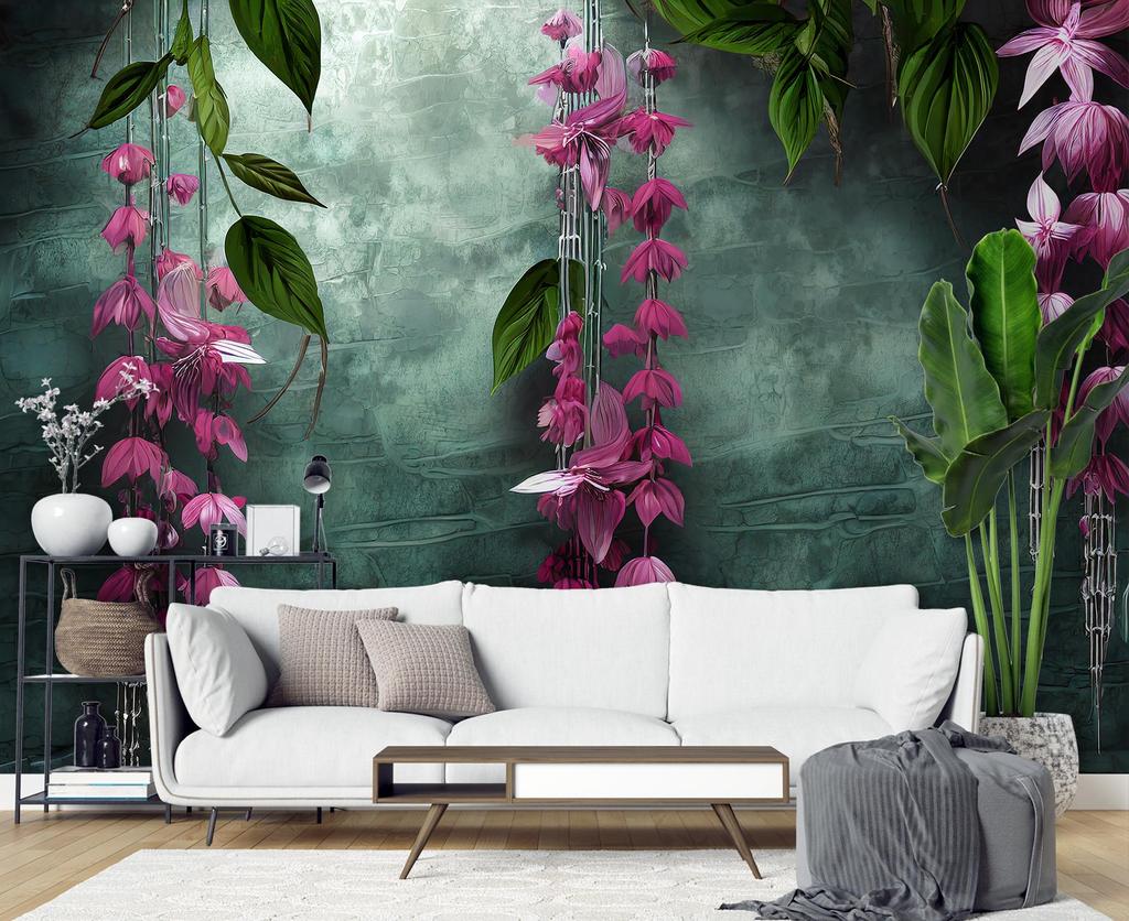 Wallpaper Hanging Leaves and flowers on green background