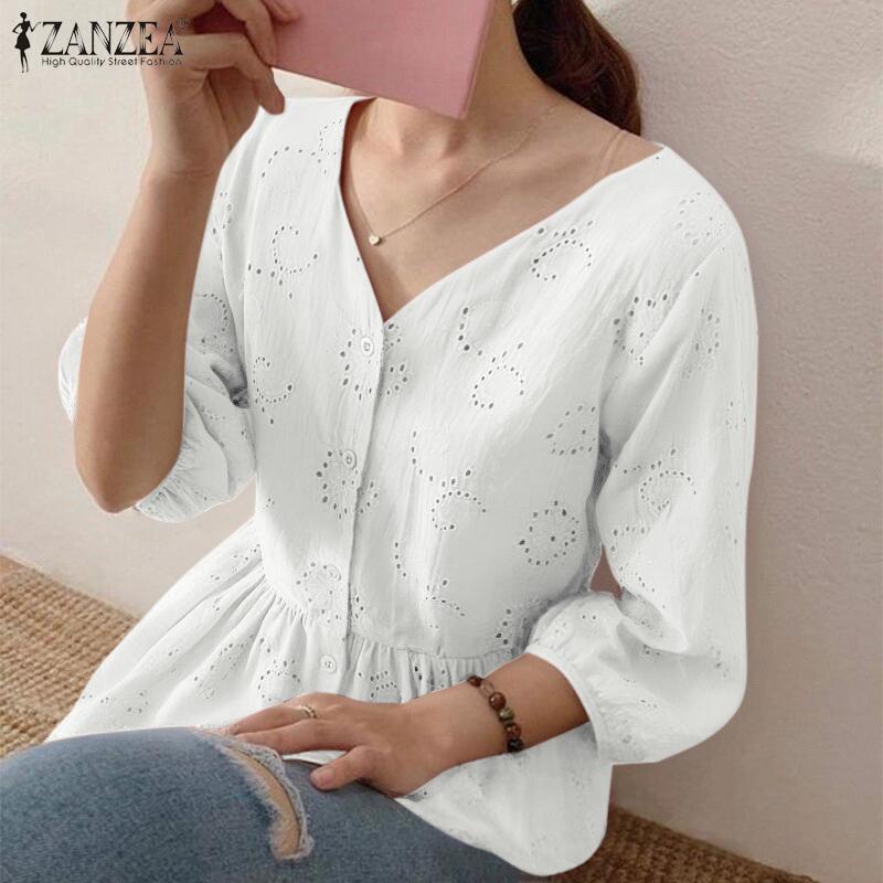 ZANZEA Женские летние кружевные рубашки с V-образным вырезом и рукавом-фонариком 3/4