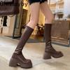 Fashion Chunky Women Knee-High Boots Fashion Back Zippers Platform Heel Long Booties Retro Style Autumn Winter Female Shoes