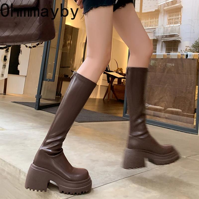 Fashion Chunky Women Knee-High Boots Fashion Back Zippers Platform Heel Long Booties Retro Style Autumn Winter Female Shoes