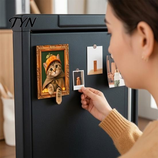 Strong Magnetic Ornaments Halloween Cat Frame Fridge Magnet, Retro Wooden Refrigerator Kitchen Decor Decoration Accessories, Party Favors Office