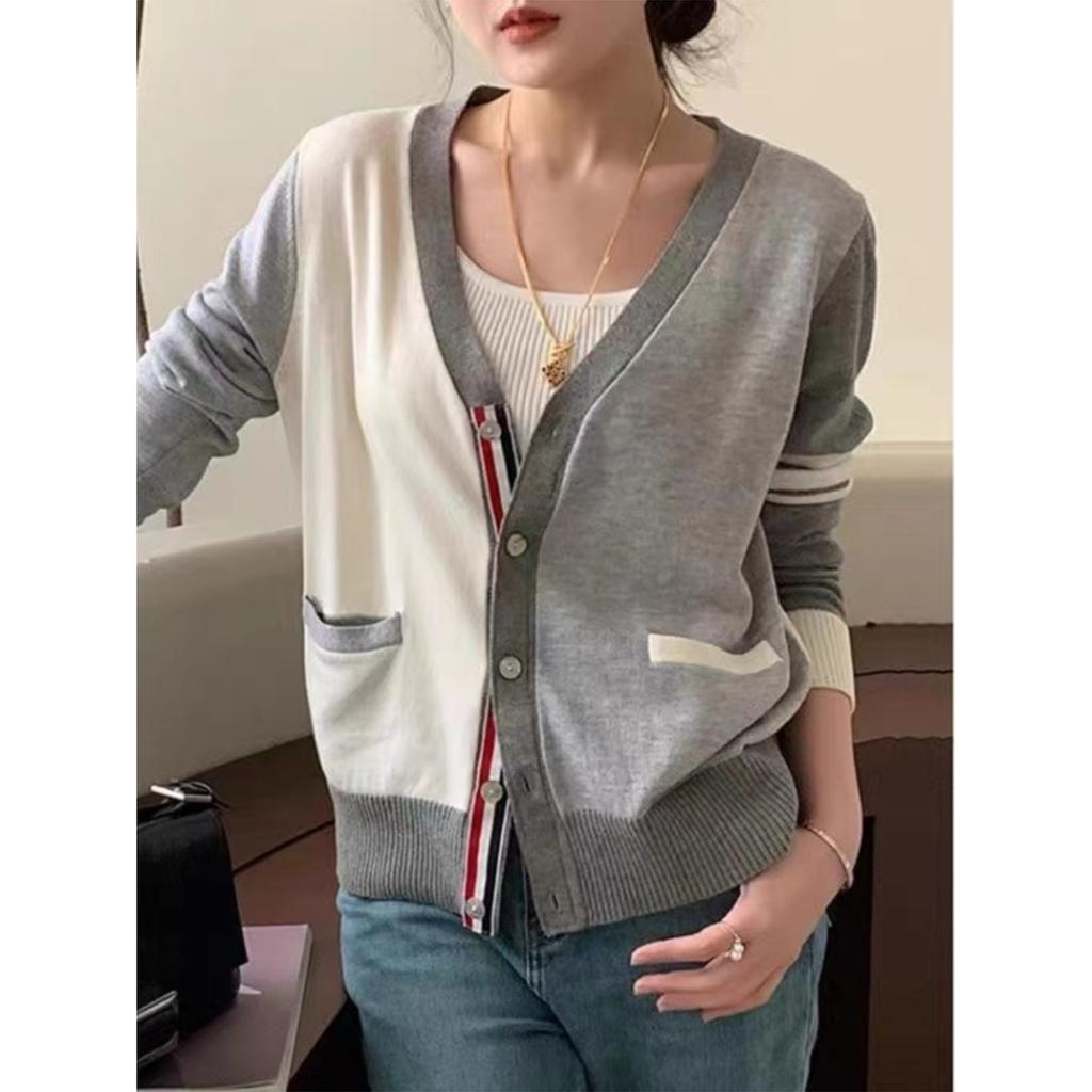 Chic Unique Cardigan Knitted Jacket Women's Spring and Autumn Striped Clash Pit Stripe Thin Loose Sweater