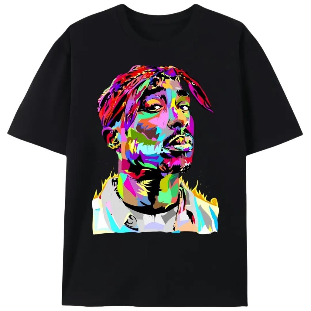 Men's Vintage Tupac Graphic Print T-Shirt, Casual 90s Hip Hop Style Short Sleeve Round Neck 100% Cotton