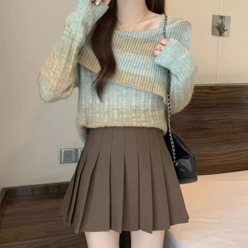 One Character Collar Contrasting Color Women's Knitted Sweater Korean Fashion Simple Lady Top Autumn Winter Long Sleeved Pullover