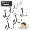 50PCS/Set Sports Barbed Hooks Sharpened Fishing Tackle Fishhooks Treble Jig High Carbon Steel