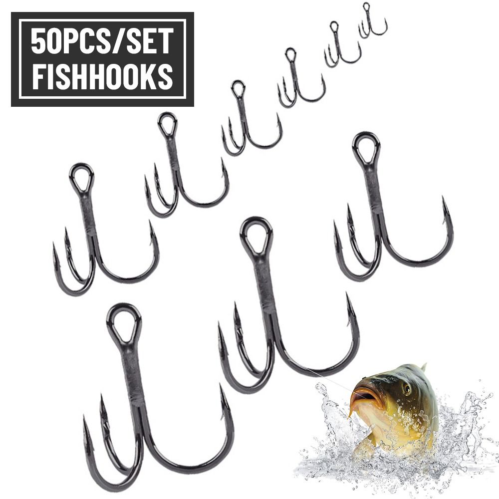 50PCS/Set Durable Sharpened Barbed Hooks Treble Jig Fishing Tackle Fishhooks High Carbon Steel