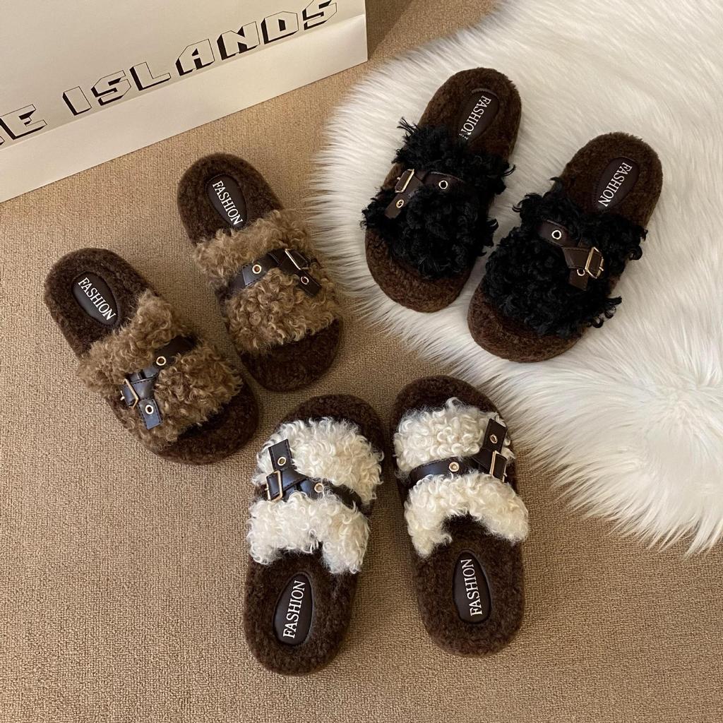 Muffin Mao Mao Slippers Women's Outer Wear 2025 Autumn and Winter New Small Thick Bottom Increase Cotton Mop Versatile One-word Mop