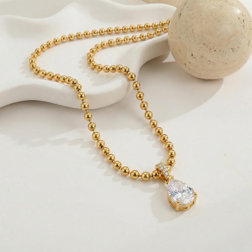 Stainless Steel Ball Chain Pear Cut CZ Choker Necklace 18K Gold Plated Beaded Teardrop CZ Pendant Necklace Fashion Jewelry