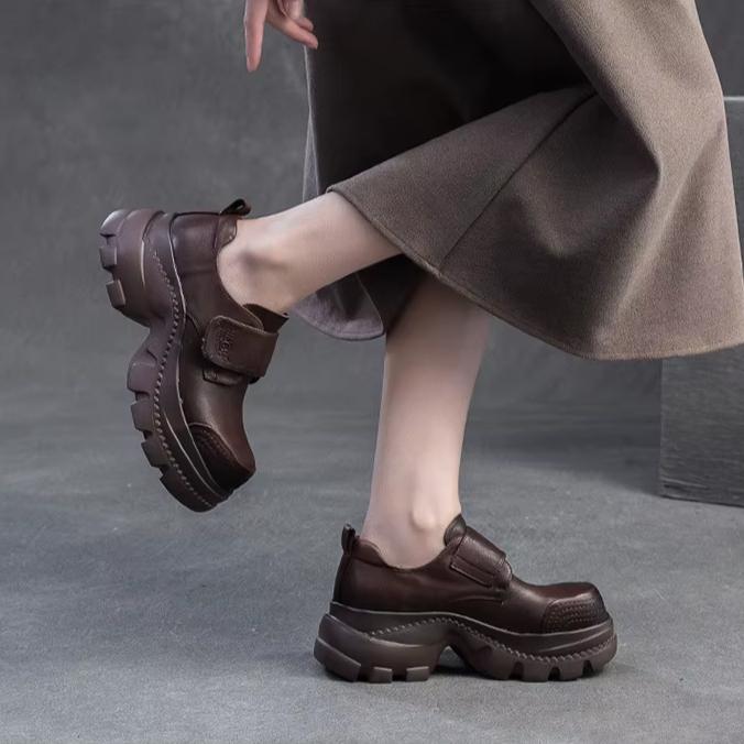 Johnature Туфли в стиле ретро с круглым носком и толстой подошвой. Повседневные женские туфли на платформе с застежкой-липучкой из натуральной кожи.