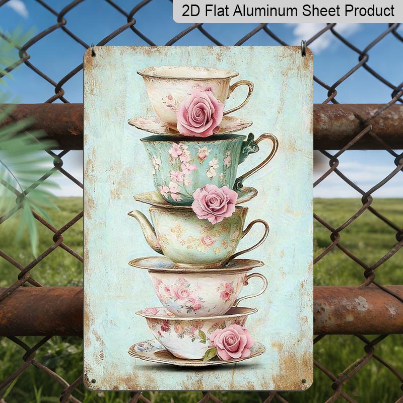 2D Flat, 1pc Vintage Tea Party Metal Wall Art Sign - 8x12 Inch Aluminum Floral Teacups & Roses Design, Rustic Distressed Edges, Pre-Drilled Holes for