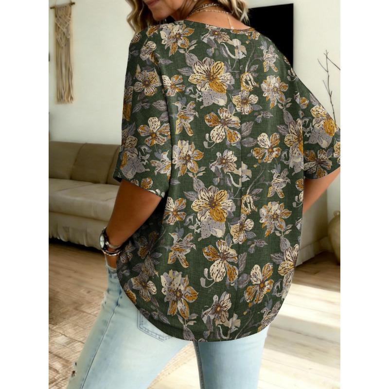 Retro oil painting floral print T-shirt, V-neck bat sleeves for women, three-quarter sleeves, no accessories