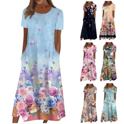Жен. Повседневные платья Платья с принтами Летние платья С принтами Плиссированные платья-миди с круглым вырезом Классический Классический На открытом воздухе Повседневные С короткими рукавами Свободные платья