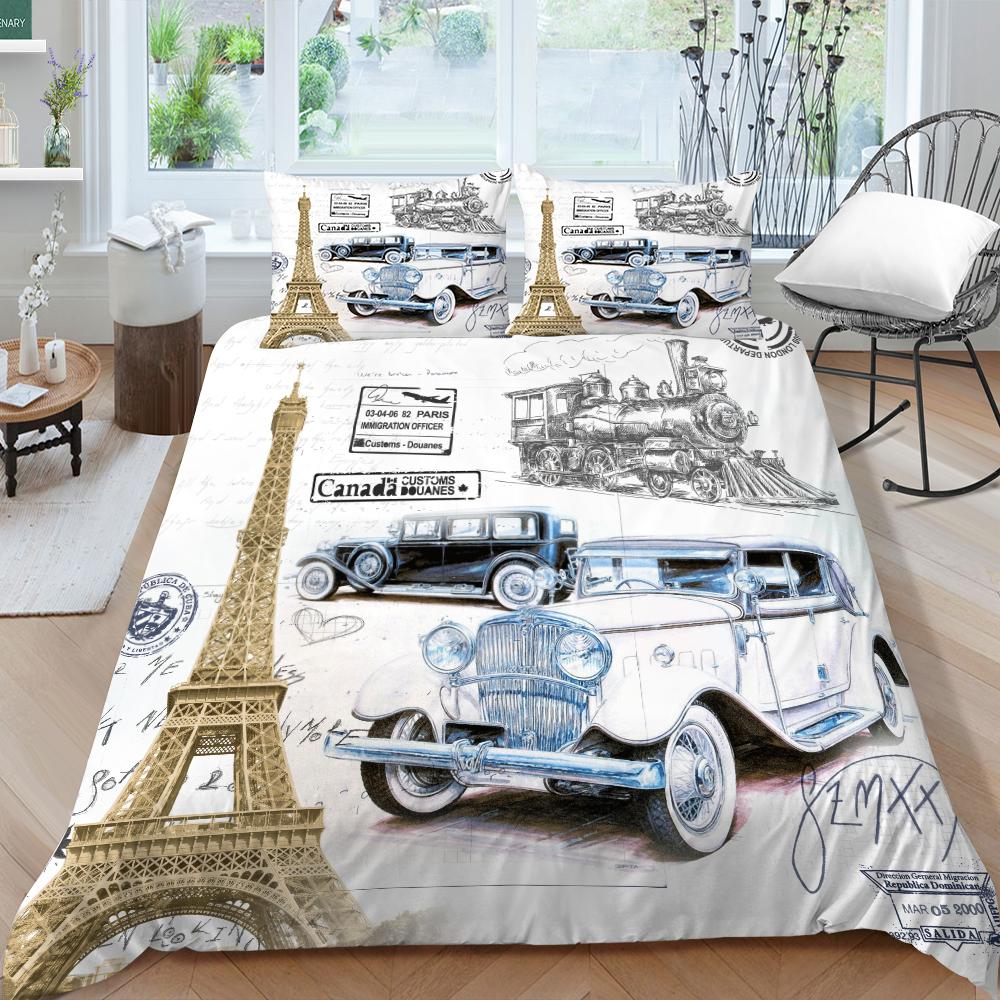 3D классический автомобильный комплект постельного белья с мультяшным автомобилем или поездом, пододеяльник и наволочка, 2/3 предмета, мягкое моющееся и быстросохнущее украшение для дома