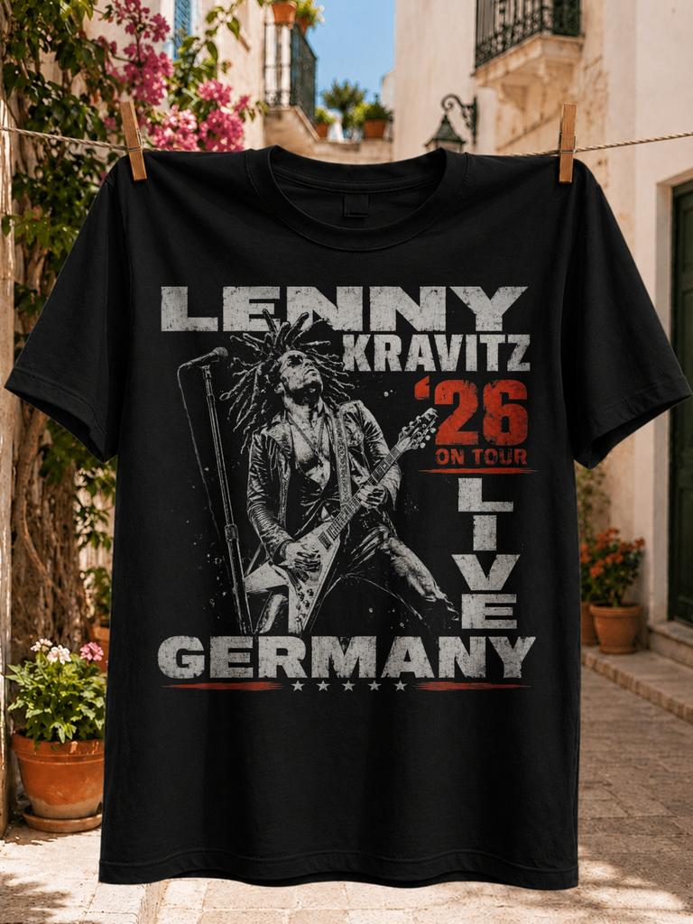Lenny Kravitz 2026 GerUnisexy Tour Graphic Graphic guitaristflying V guitar and red live lettering Tee Unisex All TShirt