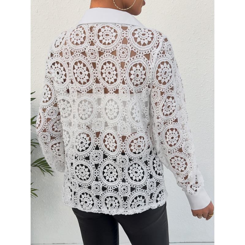 YYFS Женские модные повседневные пуловеры с воротником-поло и длинными рукавами с кружевным принтом, лето-весна с длинными рукавами