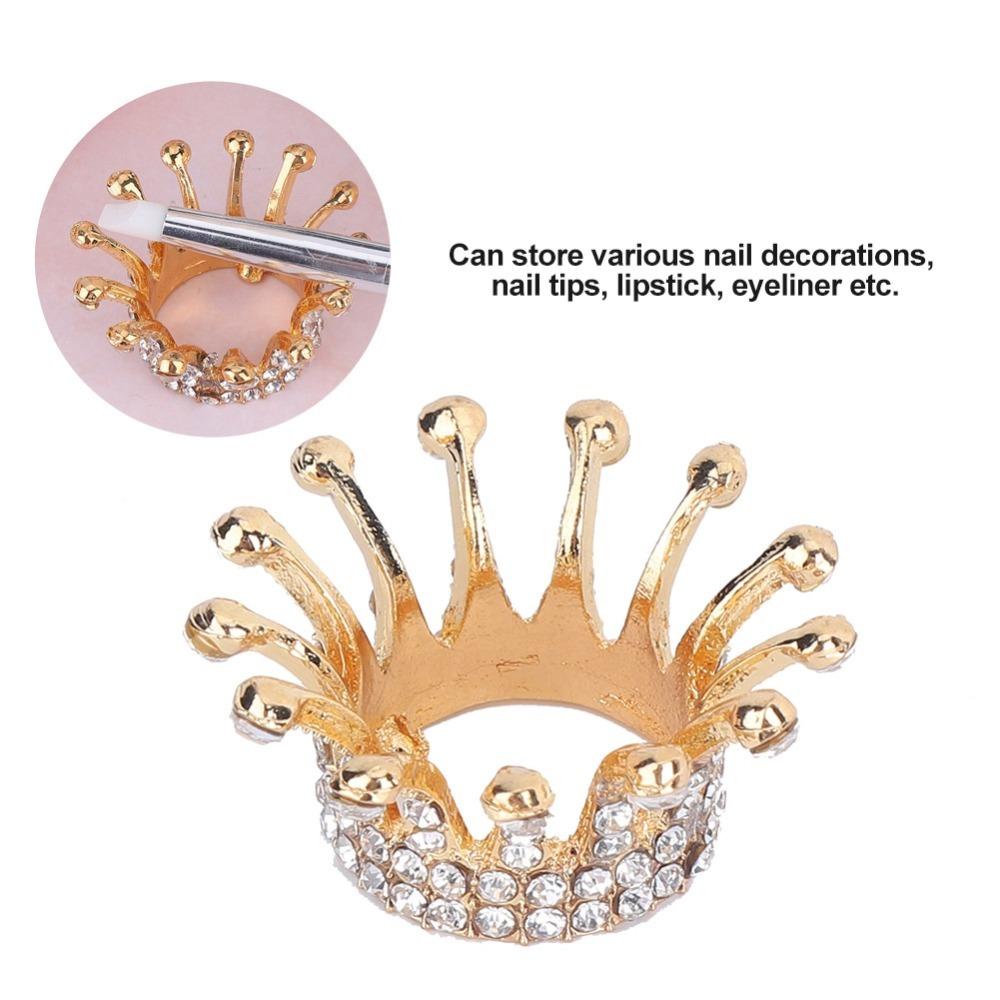 Gilt Painted Crown Design Nail Art Brush Holder Alloy Rhinestone Manicure Tool Rack Home Use