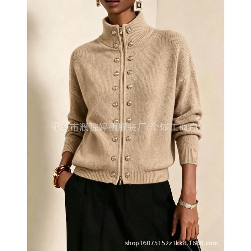 Women S Loose Short Double Breasted Stand Collar Zip Knit Cardigan Autumn Winter