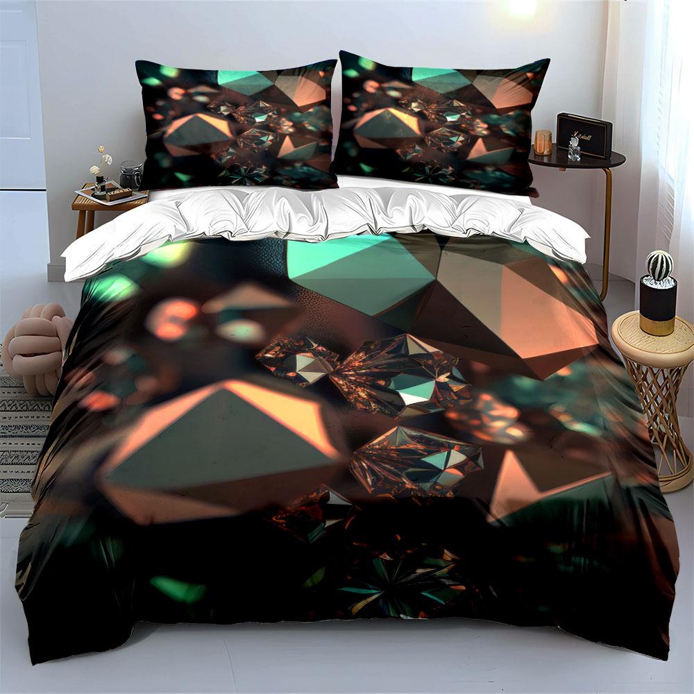Iridescent Teal Brown Crystal Gem Duvet Cover Set, 3D Geometric Stone Bedding Includes 1 Duvet Cover And 2 Pillowcase, Gift