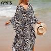 Женская мода отпуск лето весна зебра печати с длинным рукавом V-образным вырезом повседневные платья