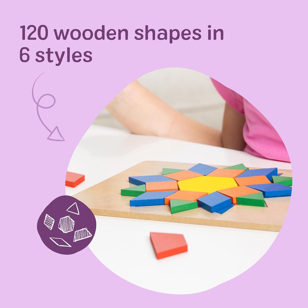 Melissa & Doug Wooden Toy Pattern Blocks with Board, 125 Pieces, Authentic, 29