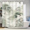 Классическая шторка для душа в азиатском стиле с акварельным дизайном, изображающим пагоды, цветущую сакуру и природу, идеально подходящая для спа-ли