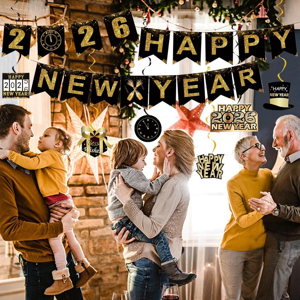 Lucleag 6Pcs New Year Hanging Swirls Decorations & Happy New Year 2026 Banner, Black Gold Hanging Decorations Banner for Ceiling Wall 2026 New Years