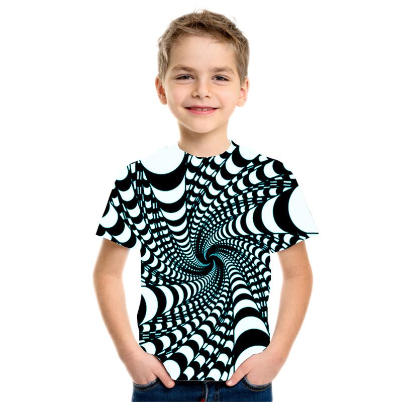 Summer Round Neck 3D Geometric Pattern Printed Top Fashionable Casual Short Sleeved Children's Boy T-shirts