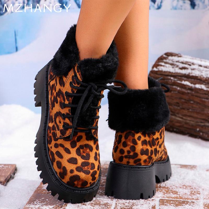Leopard Platform Women Snow Ankle Boots Fashion Mid Heels Boots Leather Designer Shoes 2024 Trend Winter New Dress Botas Mujer