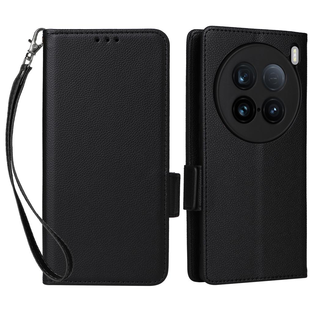 Чехол для vivo X100 Ultra 5G с ремешком на запястье, текстура личи, кошелек из ПУ кожи, чехол для телефона