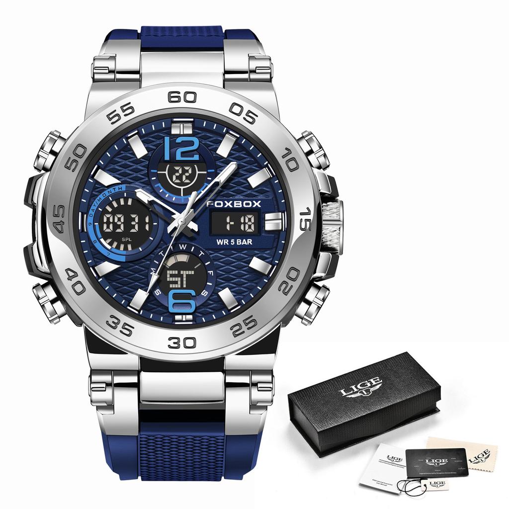 LIGE Men's Sports Watch 5ATM Waterproof Luminous Digital Dual Display Quartz Watch Fashion Chronograph